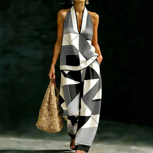 Geometric Print Halter V-Neck Sleeveless Top & Wide Leg Pants Two Piece Set