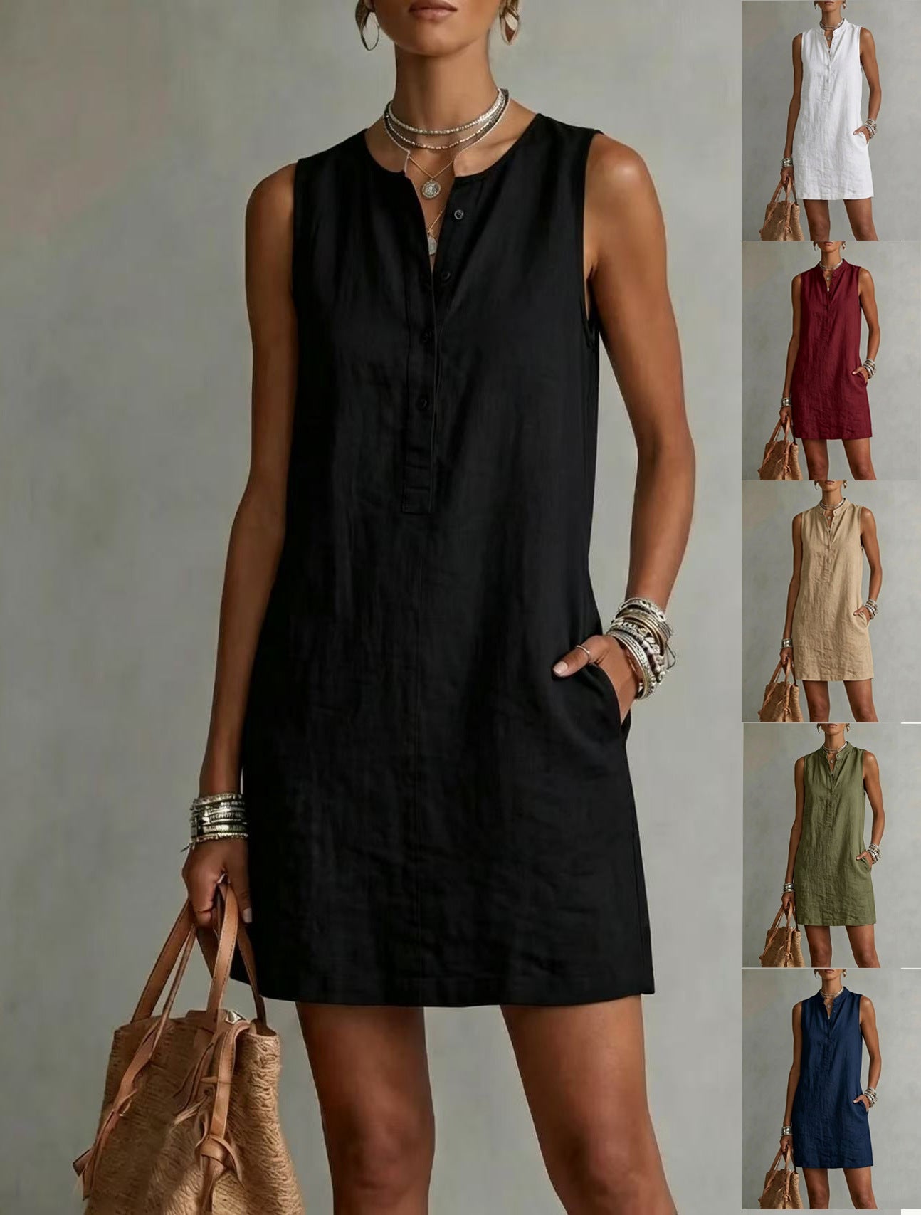 Sleeveless Linen Button-Front Mini Dress