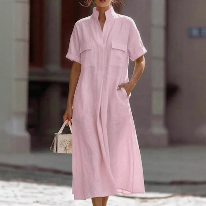 Linen Stand Collar Midi Shirt Dress