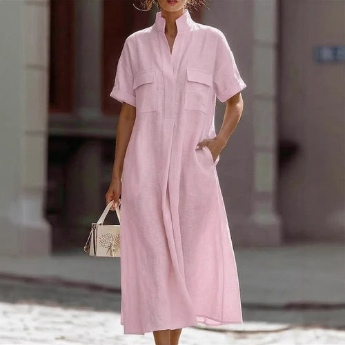 Linen Stand Collar Midi Shirt Dress