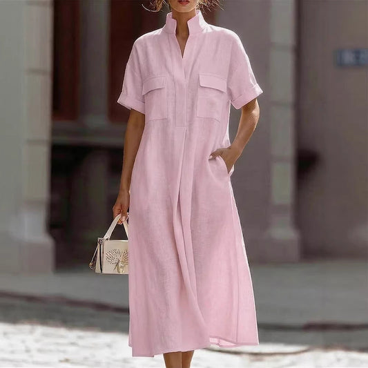 Linen Stand Collar Midi Shirt Dress