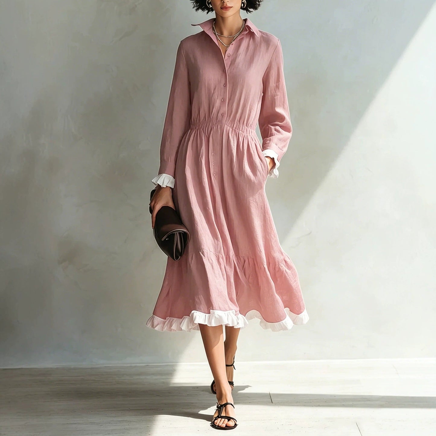 Button-Down Shirt Dress with White Ruffle Trim