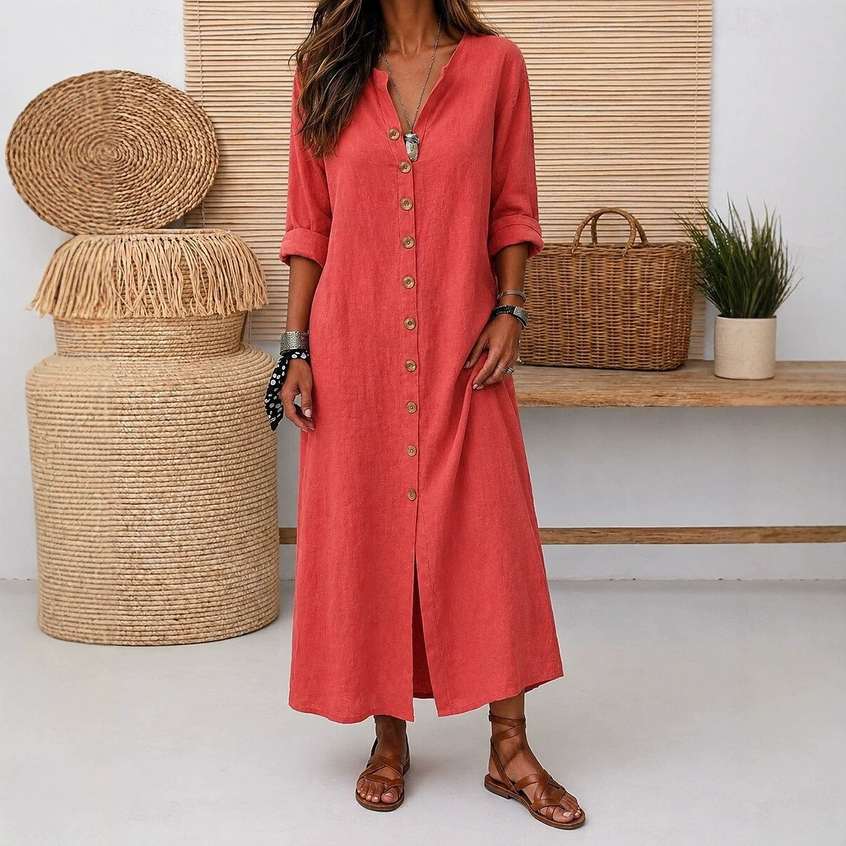 Linen Button-Down Maxi Dress