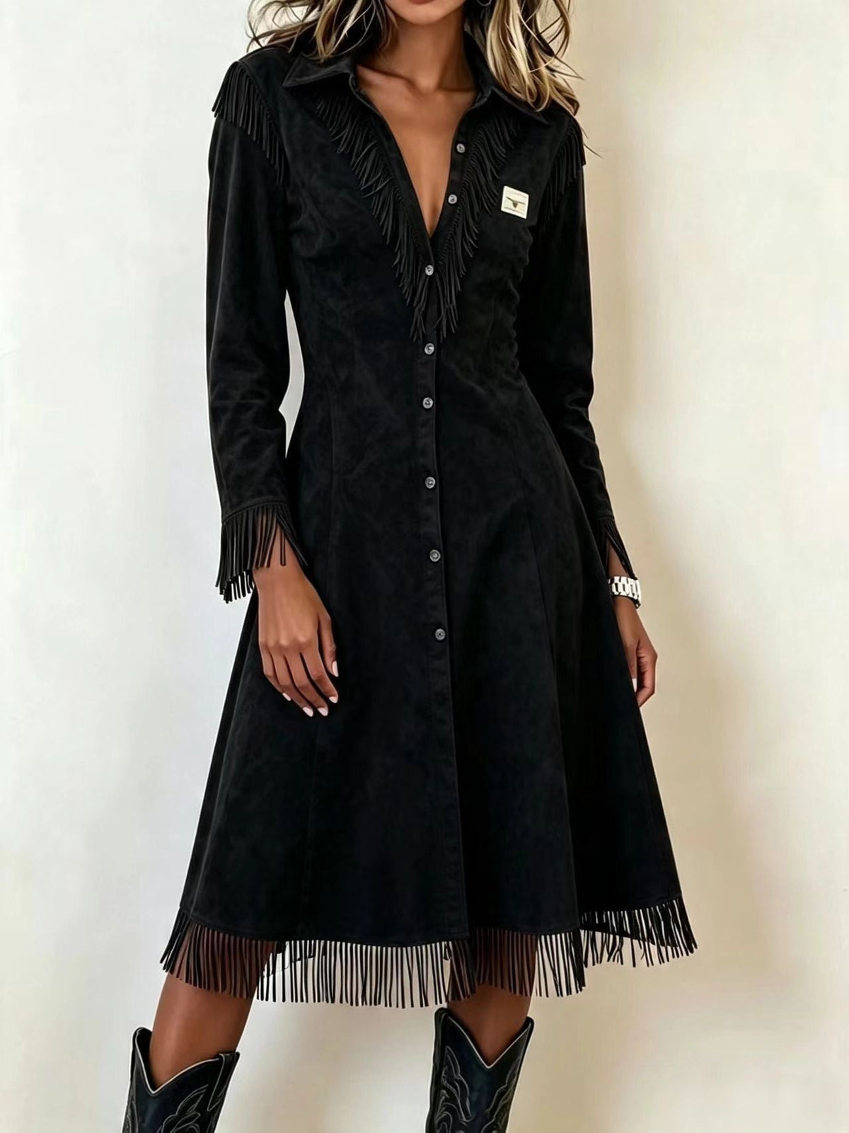 Western Suede‑Effect Fringe Button‑Front Midi Dress - black / S