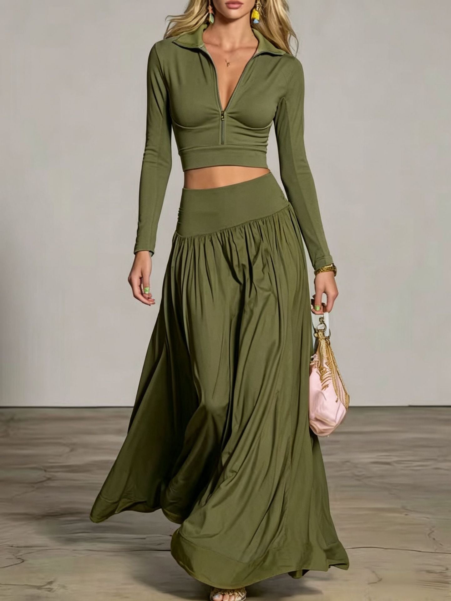Half‑Zip Crop Top & High‑Waist Flowy Maxi Skirt Two‑Piece Set
