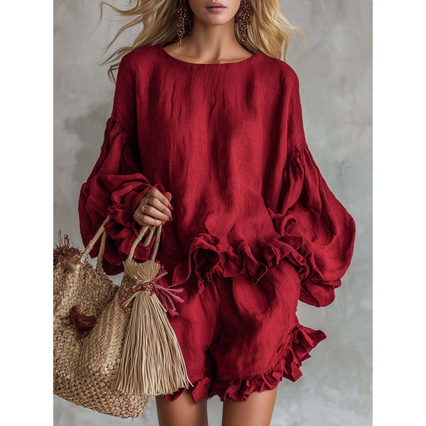 Women Ruffle Lantern Sleeve Top & Ruffle Shorts Linen Two‑Piece Matching Set