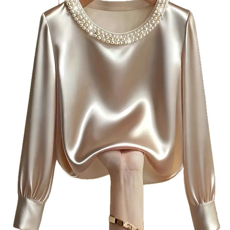 womens luxe satin pearl collar blouse fitting long
