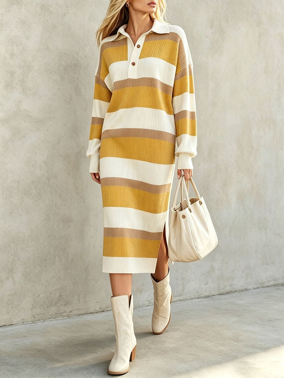Striped Polo Collar Knit Midi Dress