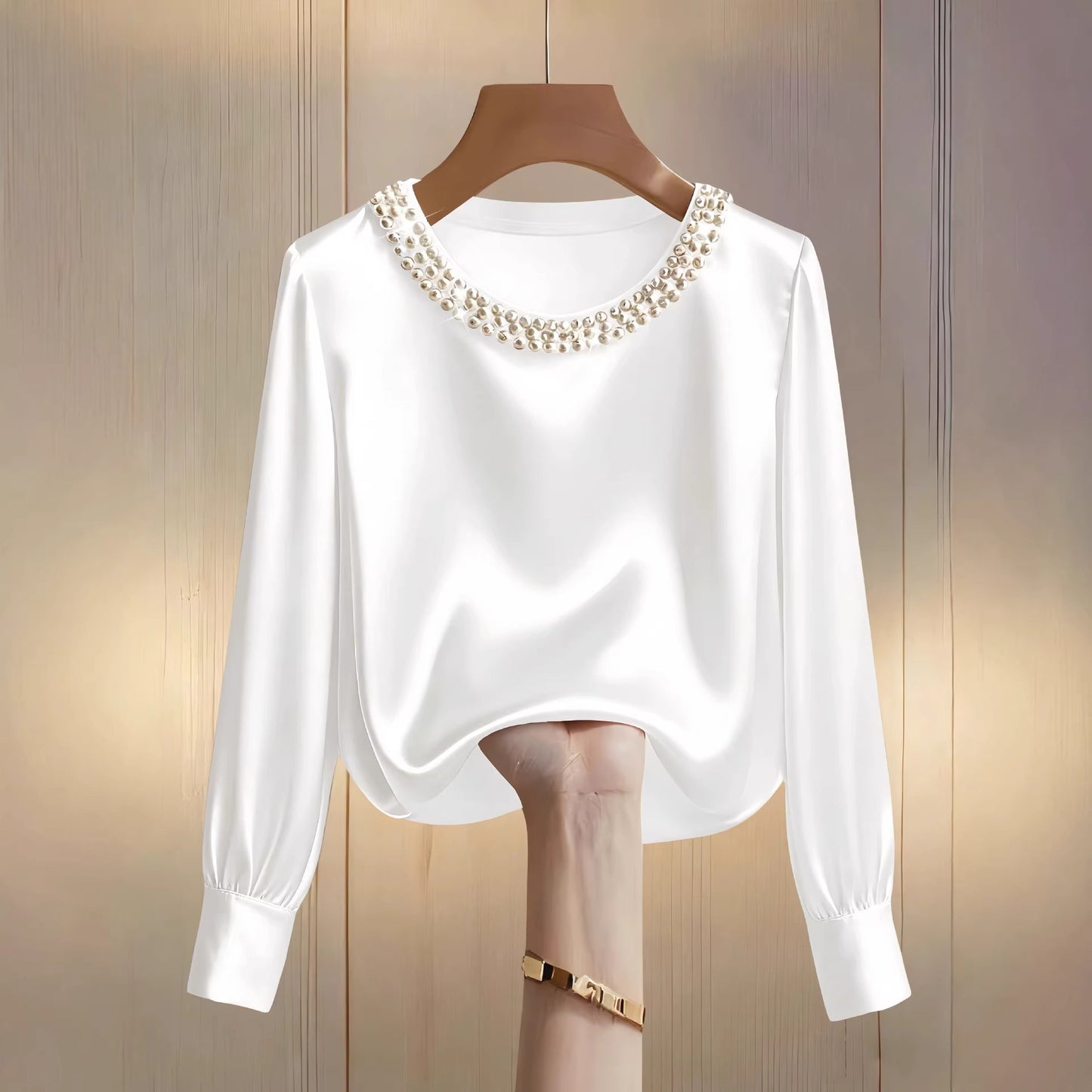 womens luxe satin pearl collar blouse fitting long
