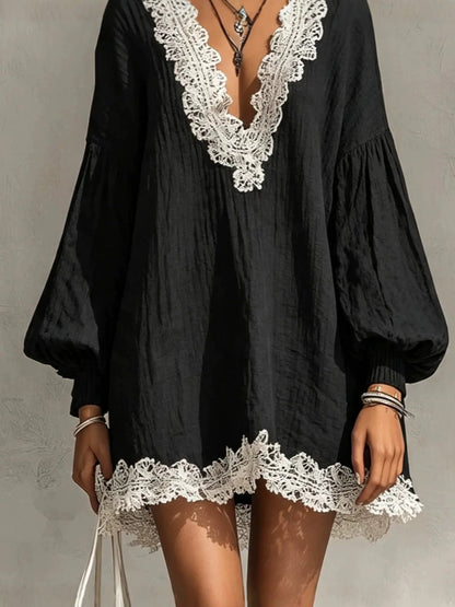 Black Contrast Lace Trim Crinkled Tunic Mini Dress