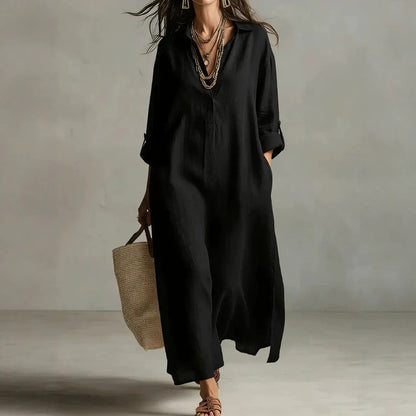 Lazy Style Solid Color Lapel Casual Long-Sleeved Shirt Dress