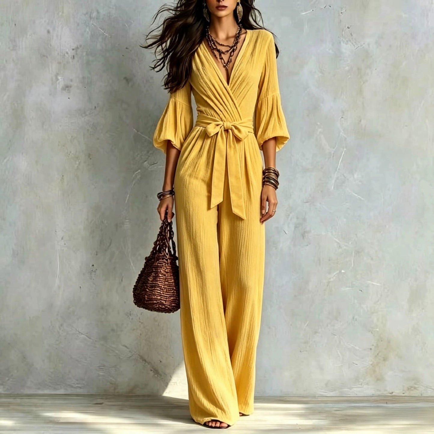 V‑Neck Wrap Belted Textured Wide‑Leg Jumpsuit With Balloon Sleeves