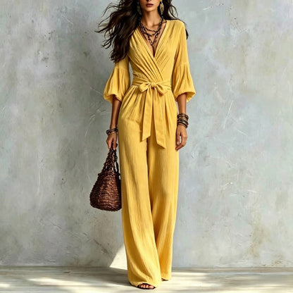 V‑Neck Wrap Belted Textured Wide‑Leg Jumpsuit With Balloon Sleeves