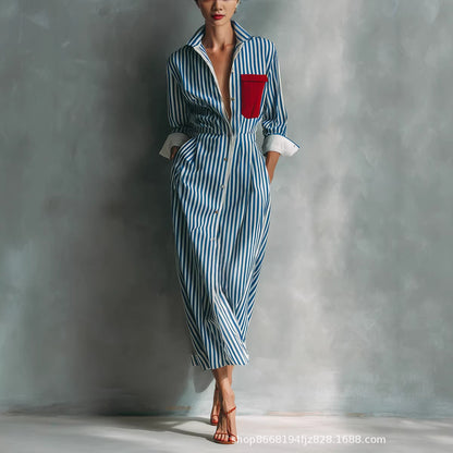 Blue White Vertical Stripe Contrast Red Pocket Midi Shirt Dress