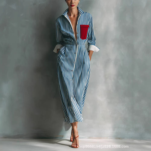 Blue White Vertical Stripe Contrast Red Pocket Midi Shirt Dress
