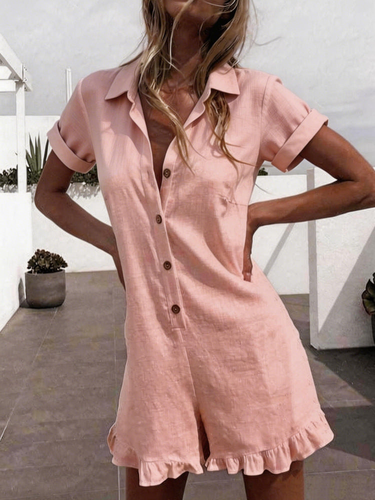 Linen Blend Lapel Shirt Ruffle Hem Short Romper Jumpsuit