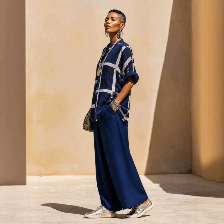 Geometric Print Linen Two Piece Shirt & Wide Leg Pant Set