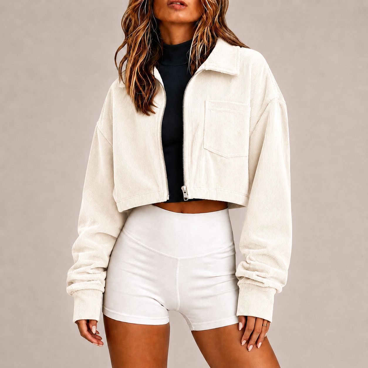Zip‑Up Collared Corduroy Cropped Jacket With Chest Pocket