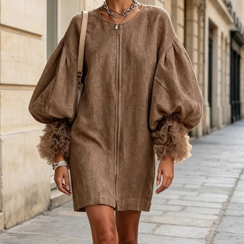 Women Zip‑Front Linen Mini Dress, Oversized Balloon Puff Sleeve Ruffle Cuff Loose Shift Dress