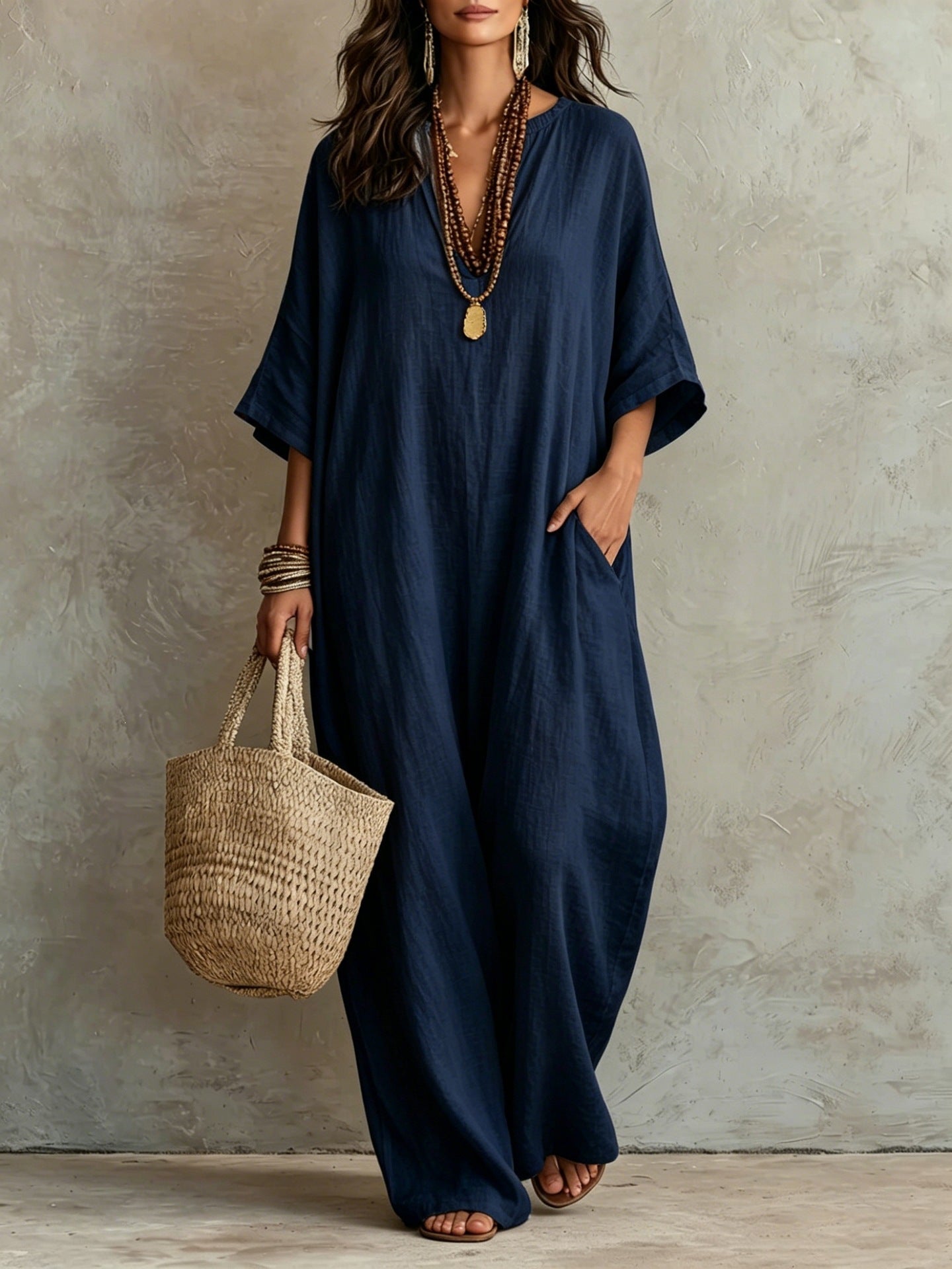 V‑Neck Half‑Sleeve Linen Blend Loose Maxi Kaftan Dress With Pockets