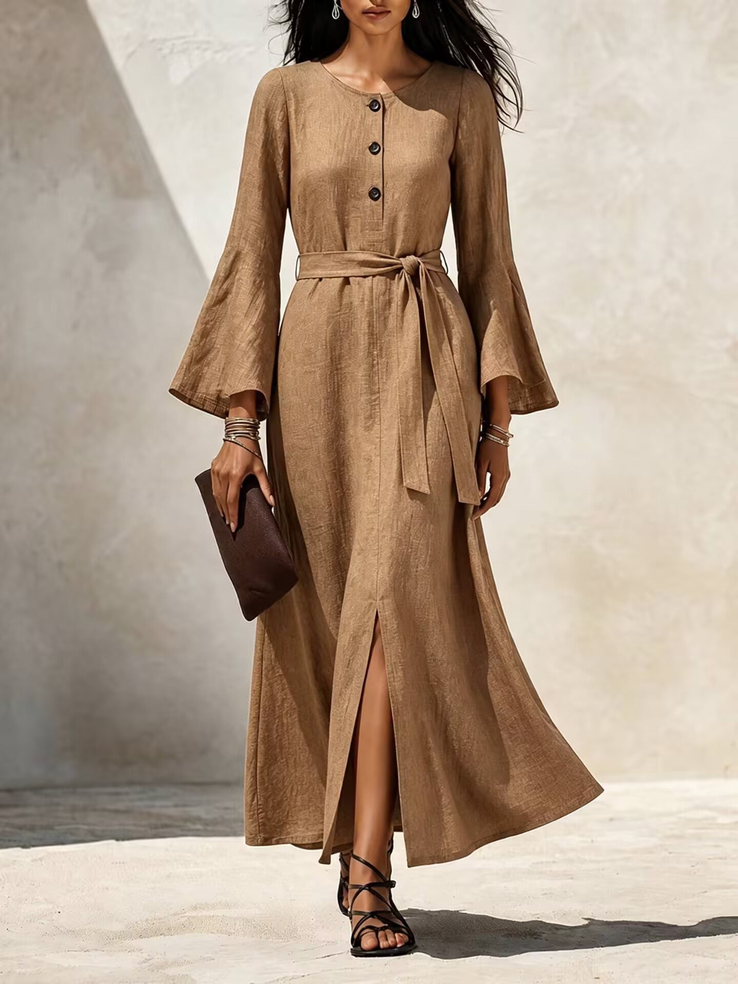 Linen‑Blend Flare‑Sleeve Maxi Dress