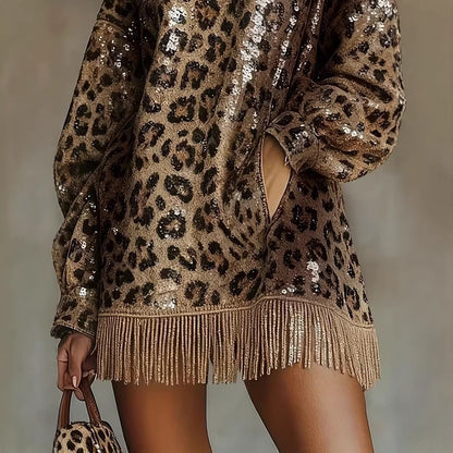 Metallic Sequin High-Neck Fringed Mini Skirt