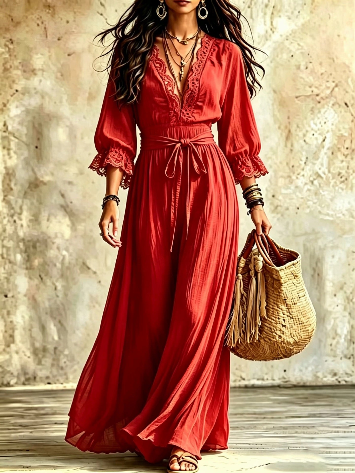 Women Boho V‑Neck Maxi Dress, 3/4 Flare Bell Sleeve Tie Waist A‑Line Flowy Long Dress Casual Vacation Beach Dress