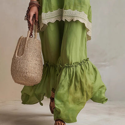 White Lace-Trim Tunic & Ruffle Pants Set