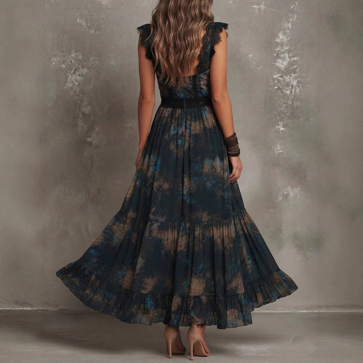 Vintage Boho Floral Maxi Dress V‑Neck Lace Flutter Sleeve Waist Ruffle Hem Long Dress