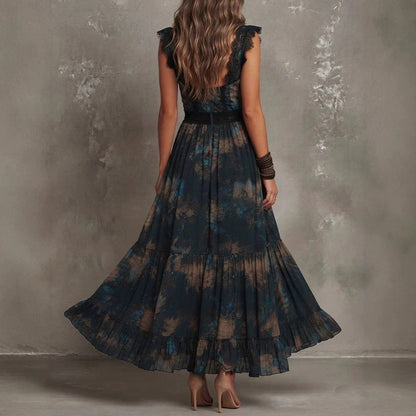 Vintage Boho Floral Maxi Dress V‑Neck Lace Flutter Sleeve Waist Ruffle Hem Long Dress