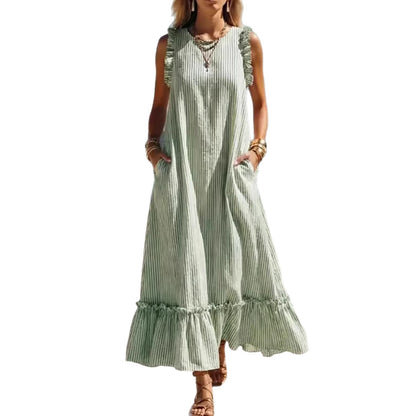 🌊 Coastal Striped Ruffle Maxi Dress