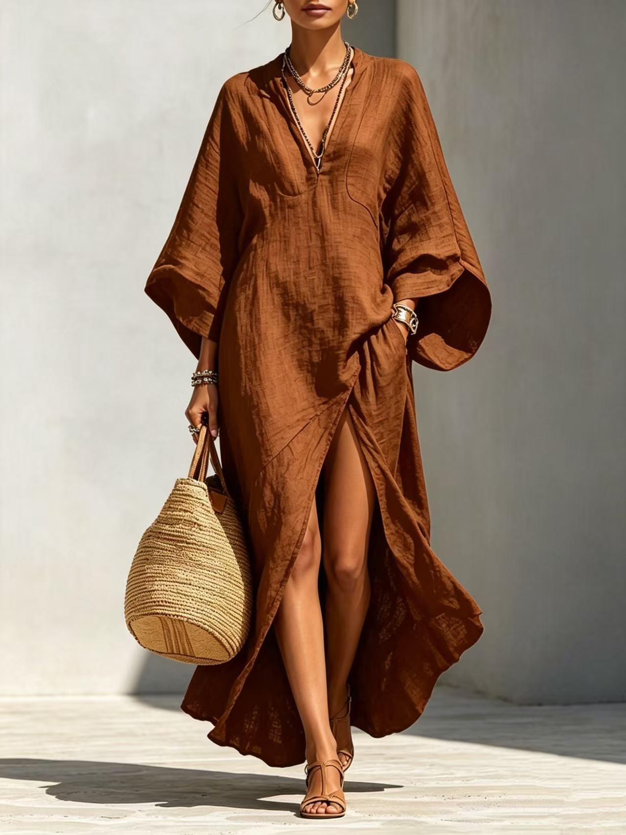 Linen‑Blend V‑Neck Kaftan Maxi Dress