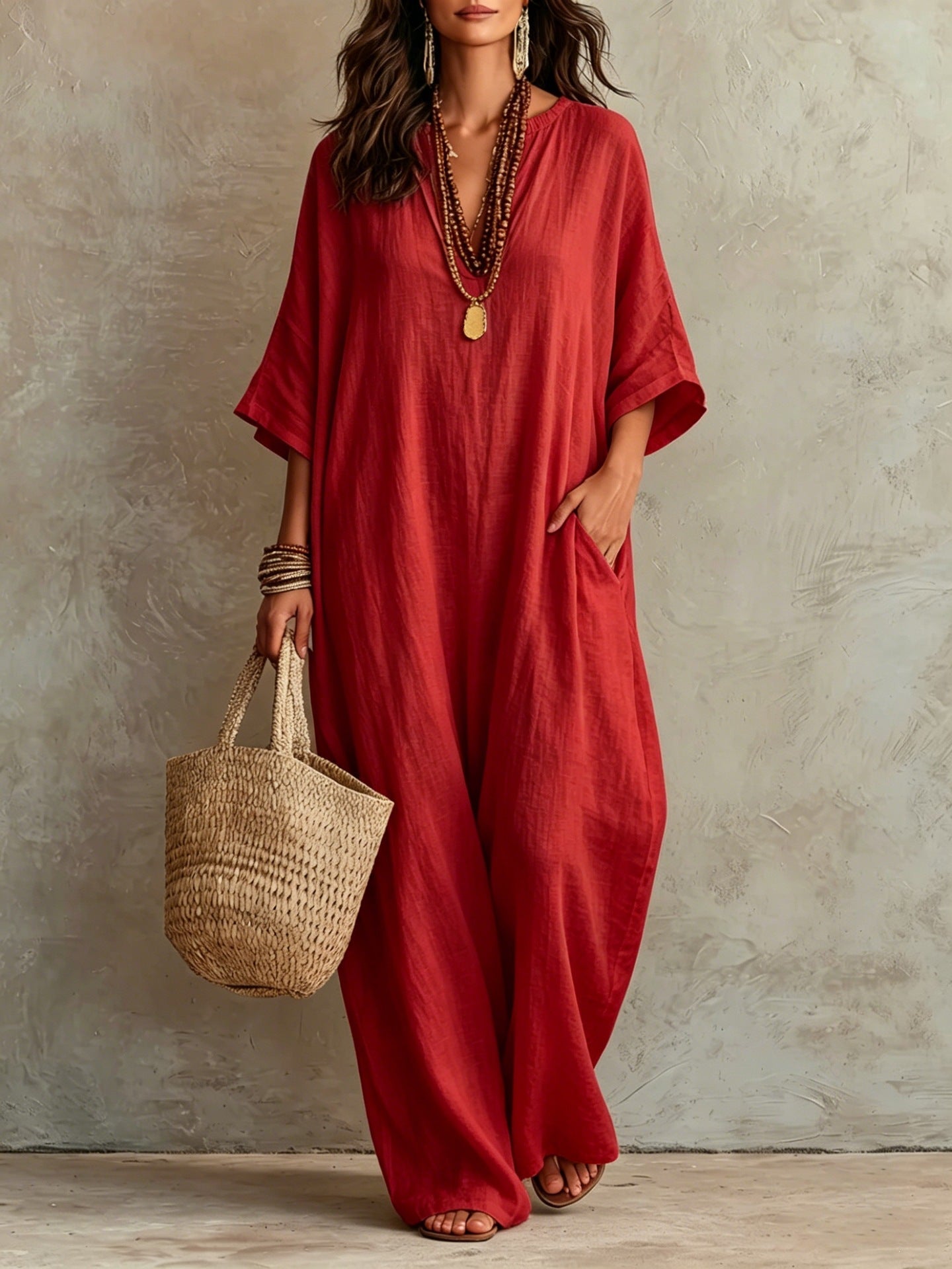 V‑Neck Half‑Sleeve Linen Blend Loose Maxi Kaftan Dress With Pockets