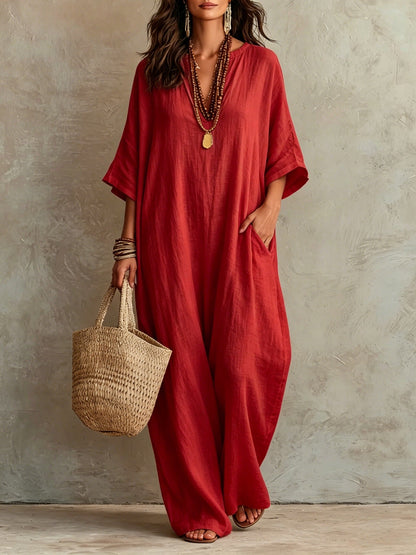 V‑Neck Half‑Sleeve Linen Blend Loose Maxi Kaftan Dress With Pockets