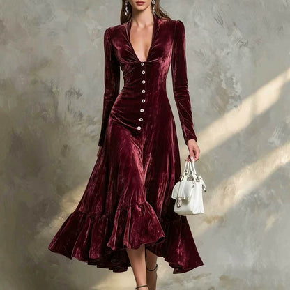 Button-Front Velvet Midi Dress