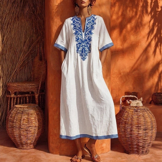 Linen Floral Embroidery V Neck Short Sleeve Midi Kaftan Dress