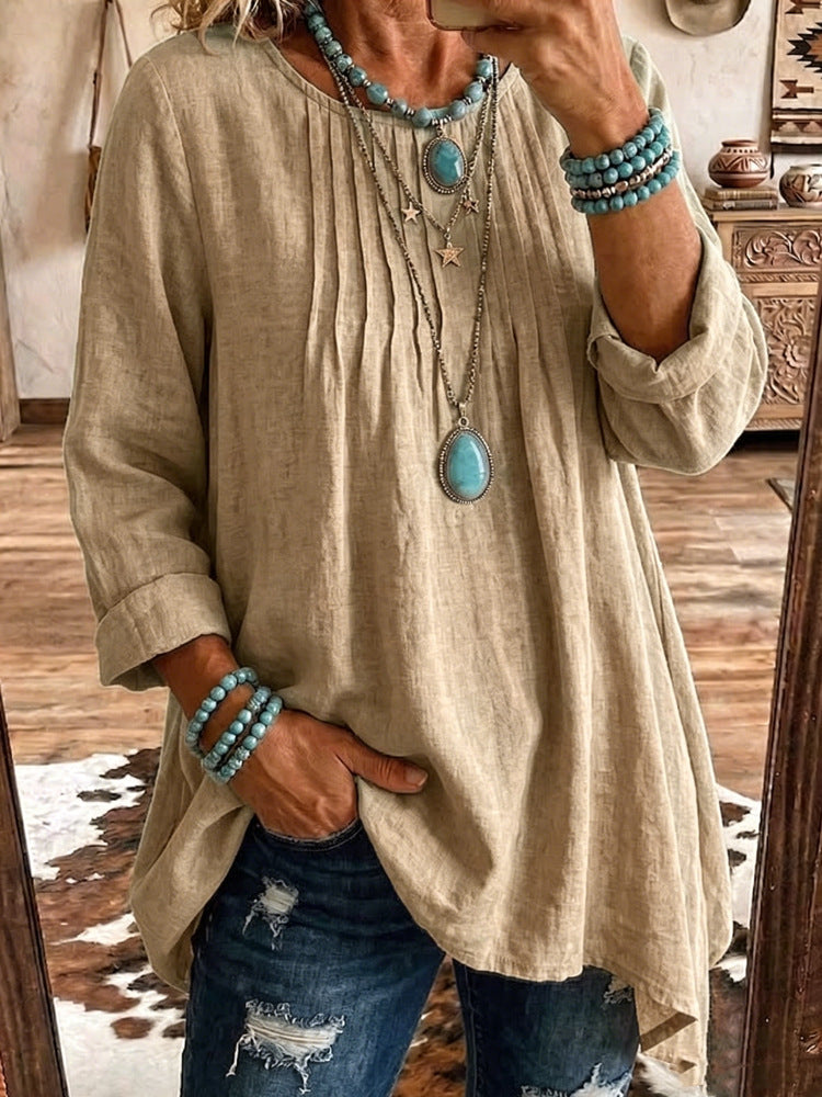 Women's Solid Linen Round Neck Pleated 3/4 Sleeve Loose Tunic Blouse