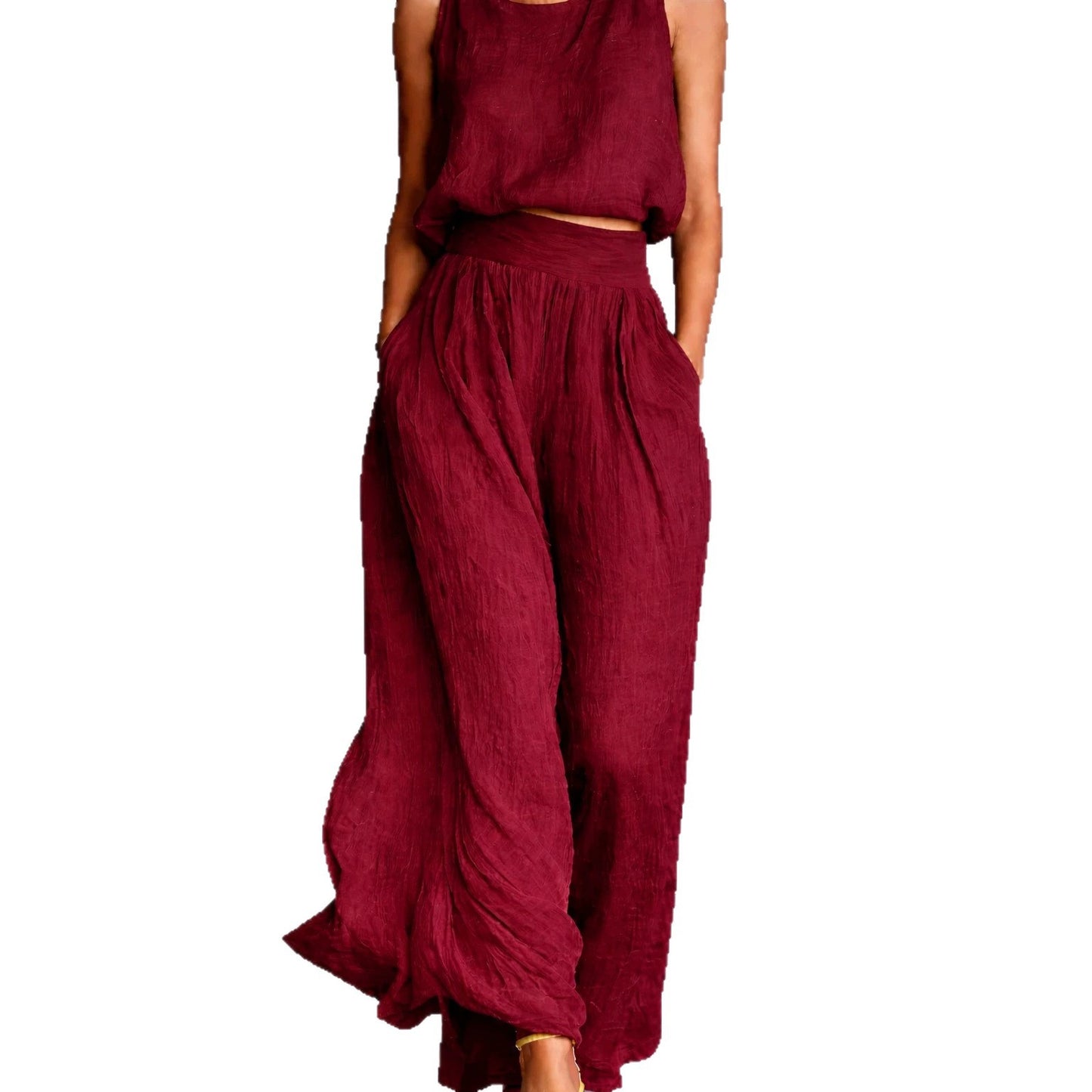 Chartreuse Textured Linen Matching Set, Sleeveless Tank Top & High Waist Flowy Wide Leg Pants