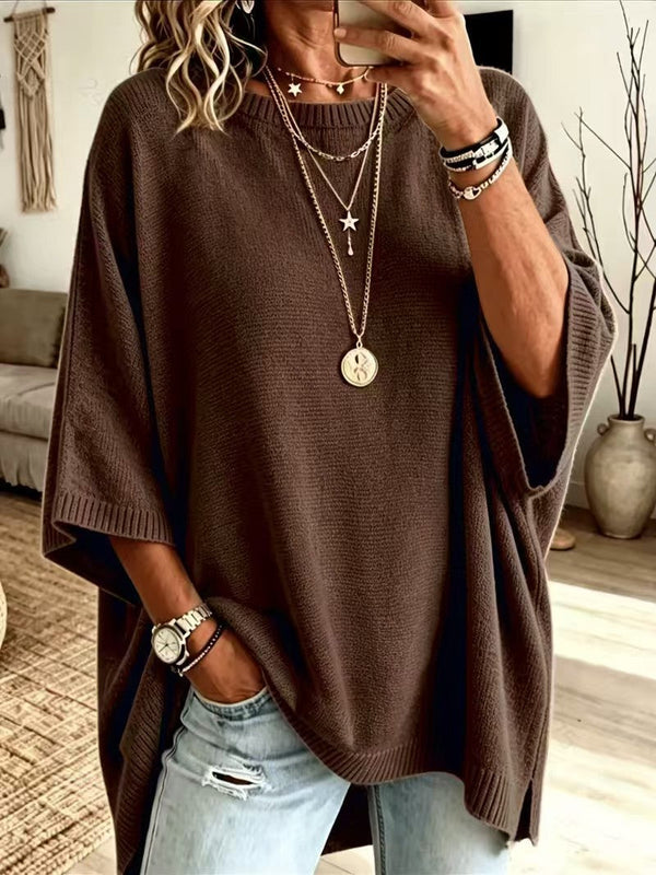 Women's Solid Brown Round Neck Batwing 3/4 Sleeve Loose Knit Tunic Sweater