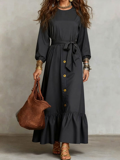 Button‑Front Tie‑Waist Tiered Ruffle Maxi Dress