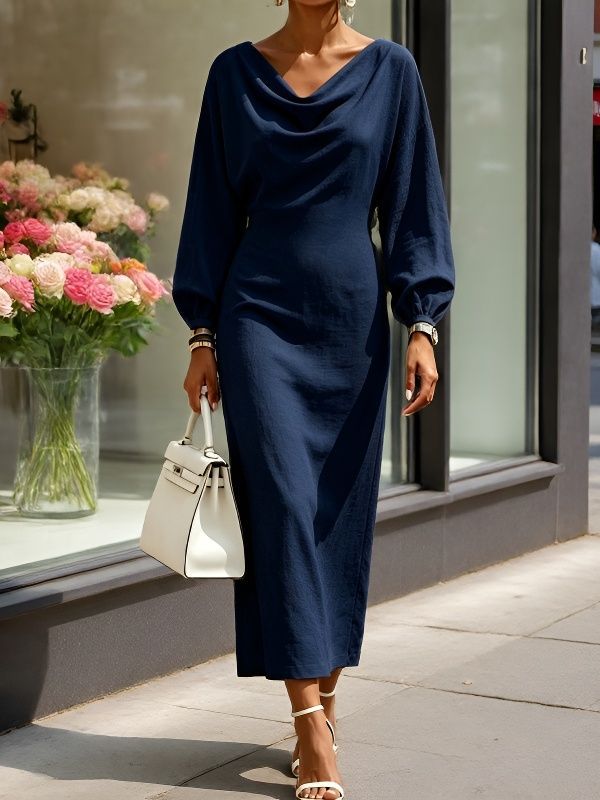 Cowl‑Neck Batwing Sleeve Bodycon Midi Dress