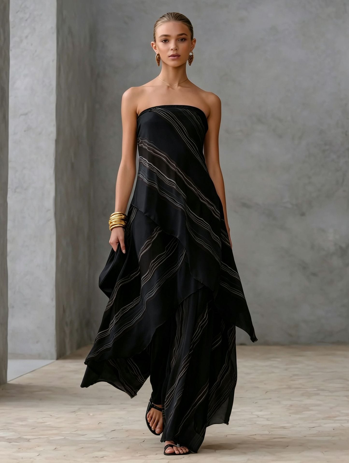 Neutral Diagonal Stripe Strapless Tiered Chiffon Maxi Dress