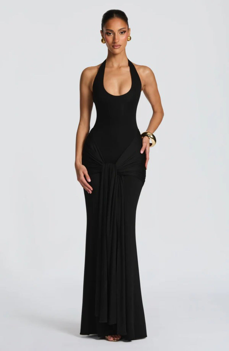 Halter Ruched Draped Mermaid Maxi Evening Dress