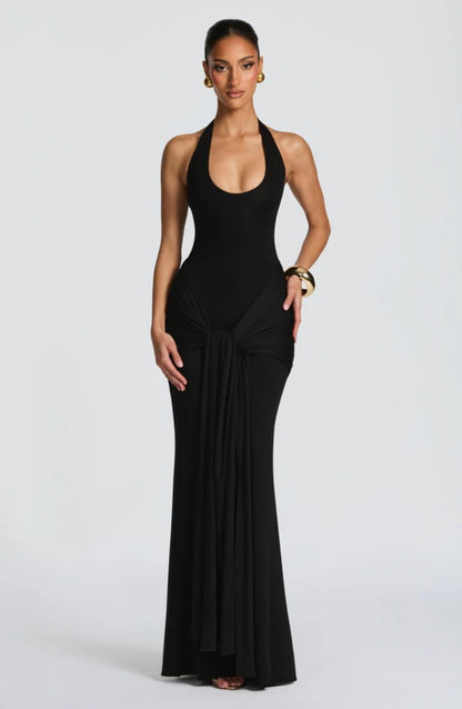 Halter Ruched Draped Mermaid Maxi Evening Dress