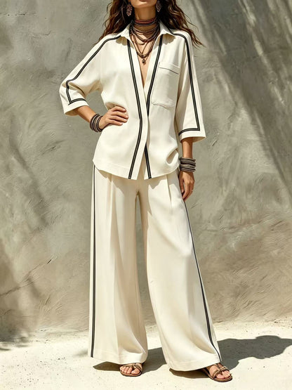 Contrast Trim Shirt & Wide‑Leg Pants Two‑Piece Set