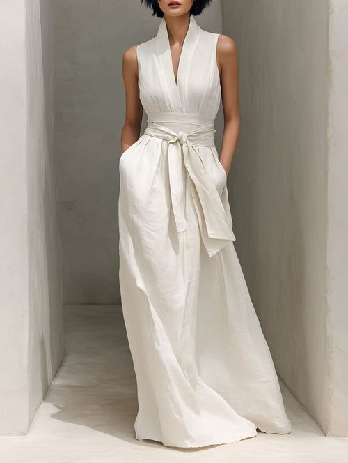 Elegant V‑Neck Belted Sleeveless Maxi Dress