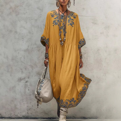 Floral Embroidery Gathered Waist Three Quarter Sleeve Kaftan Maxi Dress
