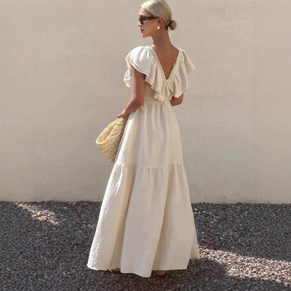 Women Solid V Neck Flutter Sleeve Loose Tiered Flowy Maxi Dress For Summer Vacation