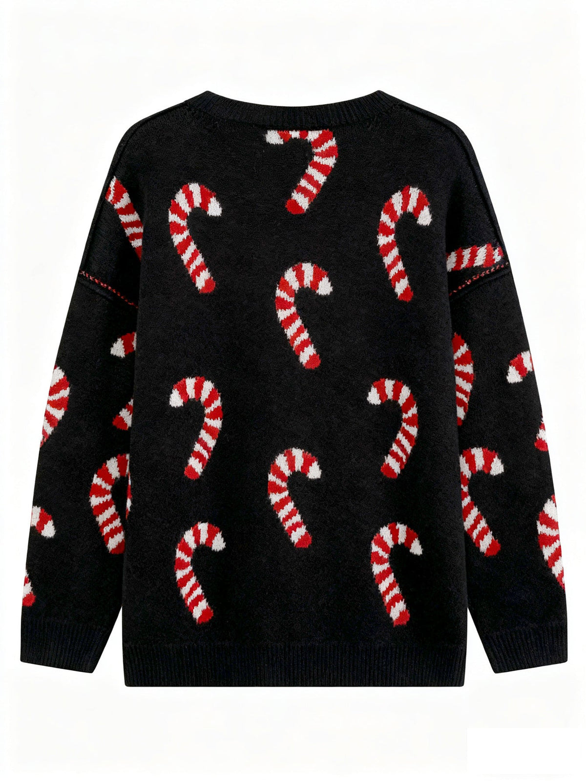 Women's Plus Size Crew Neck Candy Cane Print Long Sleeve Christmas Knit Sweater