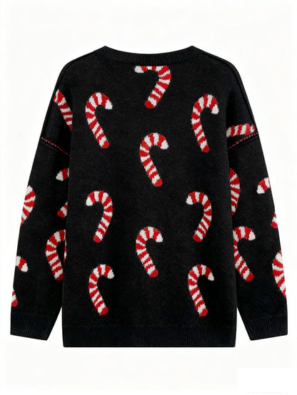 Women's Plus Size Crew Neck Candy Cane Print Long Sleeve Christmas Knit Sweater